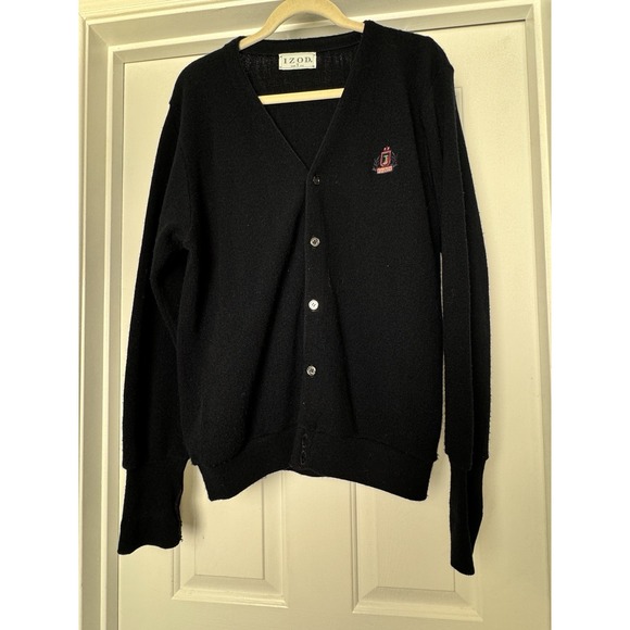 IZOD Black Button Front Crest Logo Cardigan Sweater Men's‎ Size M Vintage Preppy - Picture 1 of 7